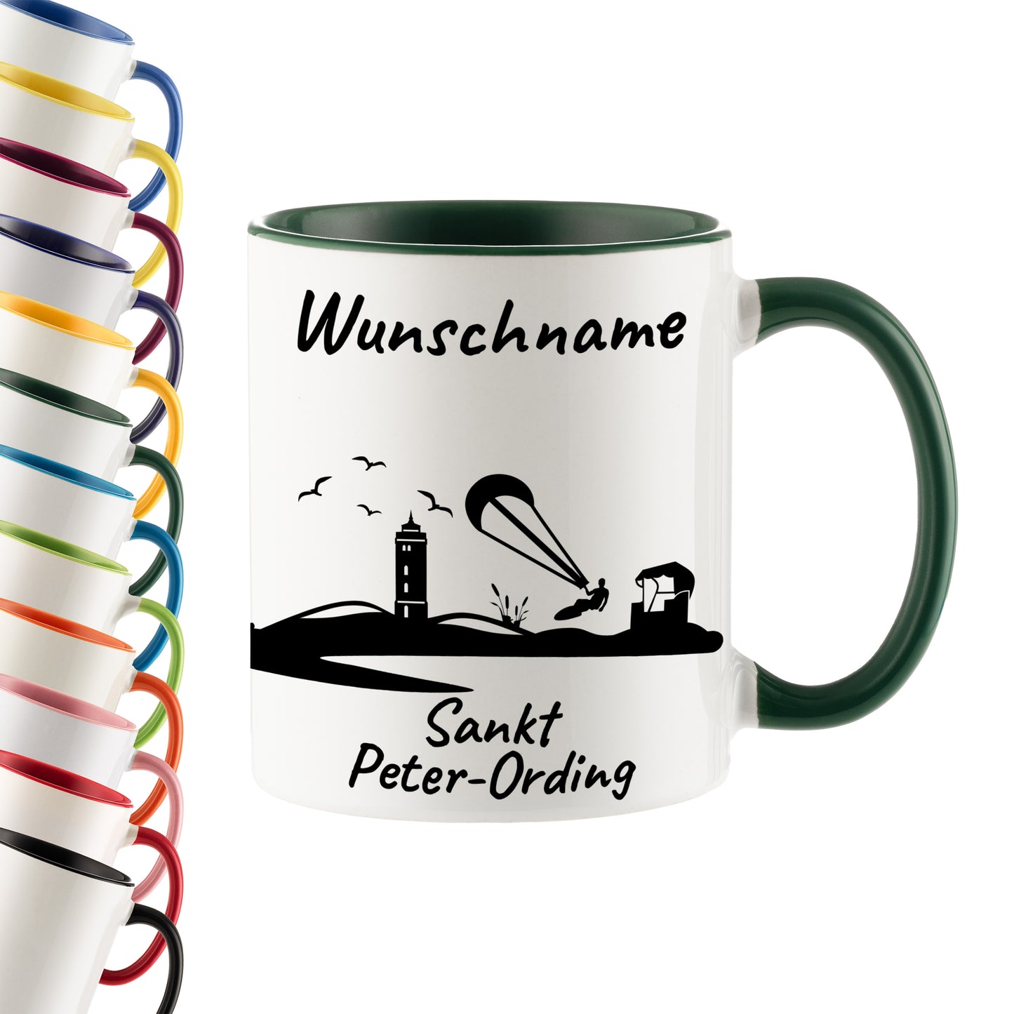 Tasse in Dunkelgrün 330ml bedruckt mit der Skyline von Sankt Peter-Ording personalisierbar mit Wunschname