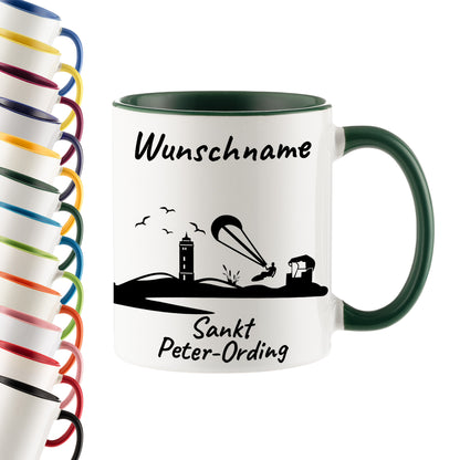 Tasse in Dunkelgrün 330ml bedruckt mit der Skyline von Sankt Peter-Ording personalisierbar mit Wunschname