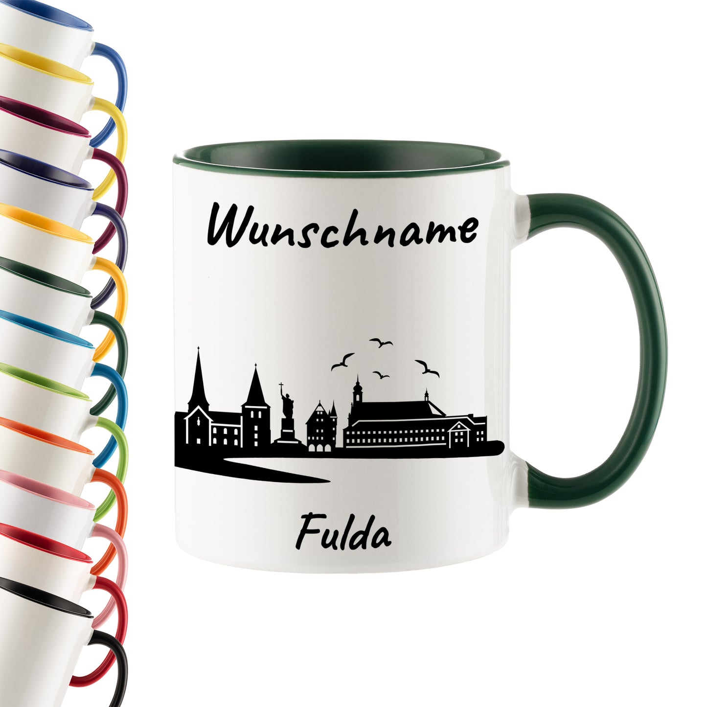 Tasse in Dunkelgrün 330ml bedruckt mit der Skyline von Fulda personalisierbar mit Wunschname