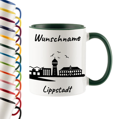Tasse in Dunkelgrün 330ml bedruckt mit der Skyline von Lippstadt personalisierbar mit Wunschname