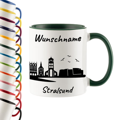 Tasse in Dunkelgrün 330ml bedruckt mit der Skyline von Stralsund personalisierbar mit Wunschname