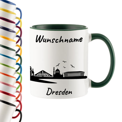 Tasse in Dunkelgrün 330ml bedruckt mit der Skyline von Dresden personalisierbar mit Wunschname