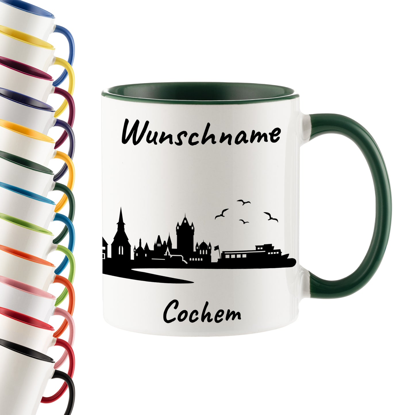 Tasse in Dunkelgrün 330ml bedruckt mit der Skyline von Cochem personalisierbar mit Wunschname