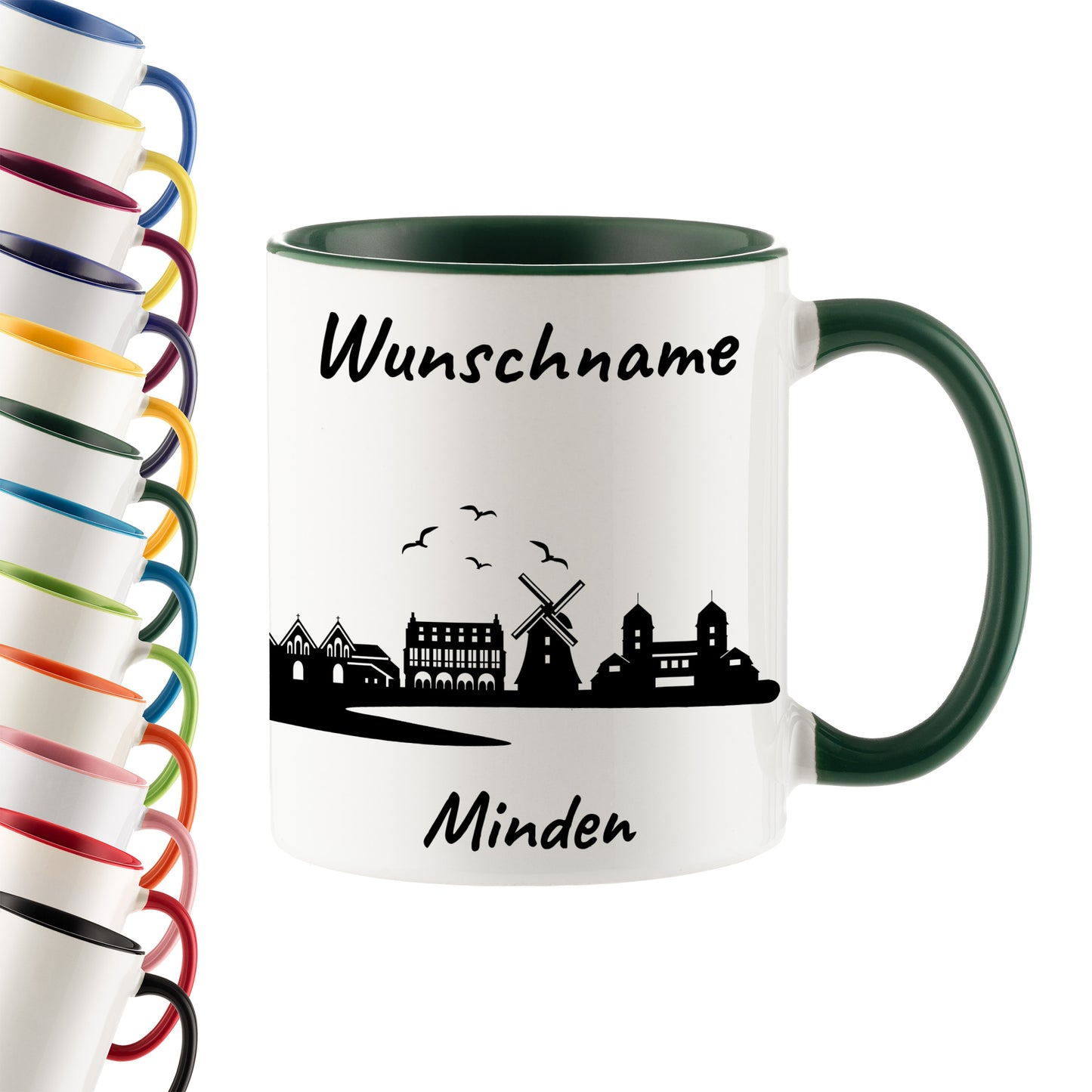 Tasse in Dunkelgrün 330ml bedruckt mit der Skyline von Minden personalisierbar mit Wunschname
