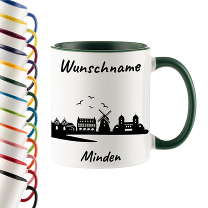 Tasse in Dunkelgrün 330ml bedruckt mit der Skyline von Minden personalisierbar mit Wunschname