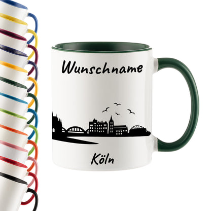 Tasse in Dunkelgrün 330ml bedruckt mit der Skyline von Köln personalisierbar mit Wunschname
