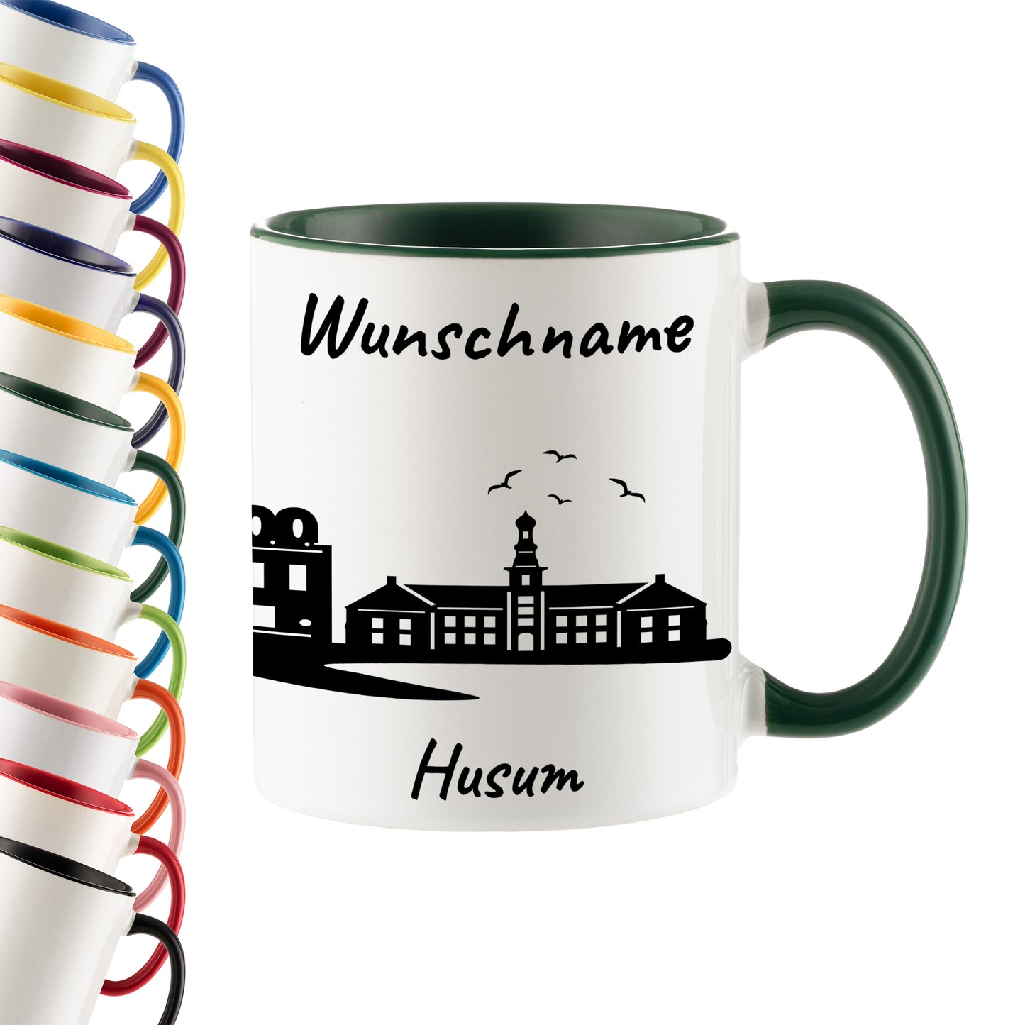 Tasse in Dunkelgrün 330ml bedruckt mit der Skyline von Husum personalisierbar mit Wunschname
