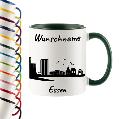 Tasse in Dunkelgrün 330ml bedruckt mit der Skyline von Essen personalisierbar mit Wunschname
