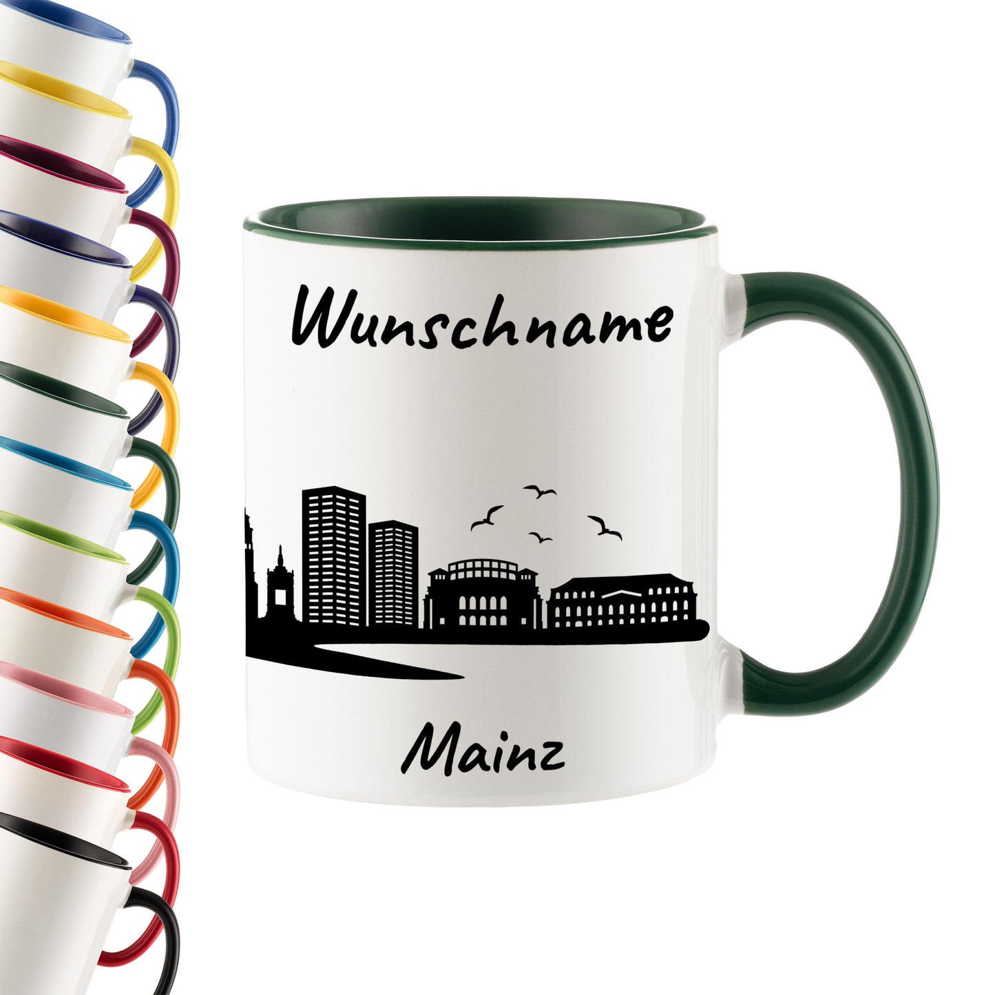 Tasse in Dunkelgrün 330ml bedruckt mit der Skyline von Mainz personalisierbar mit Wunschname