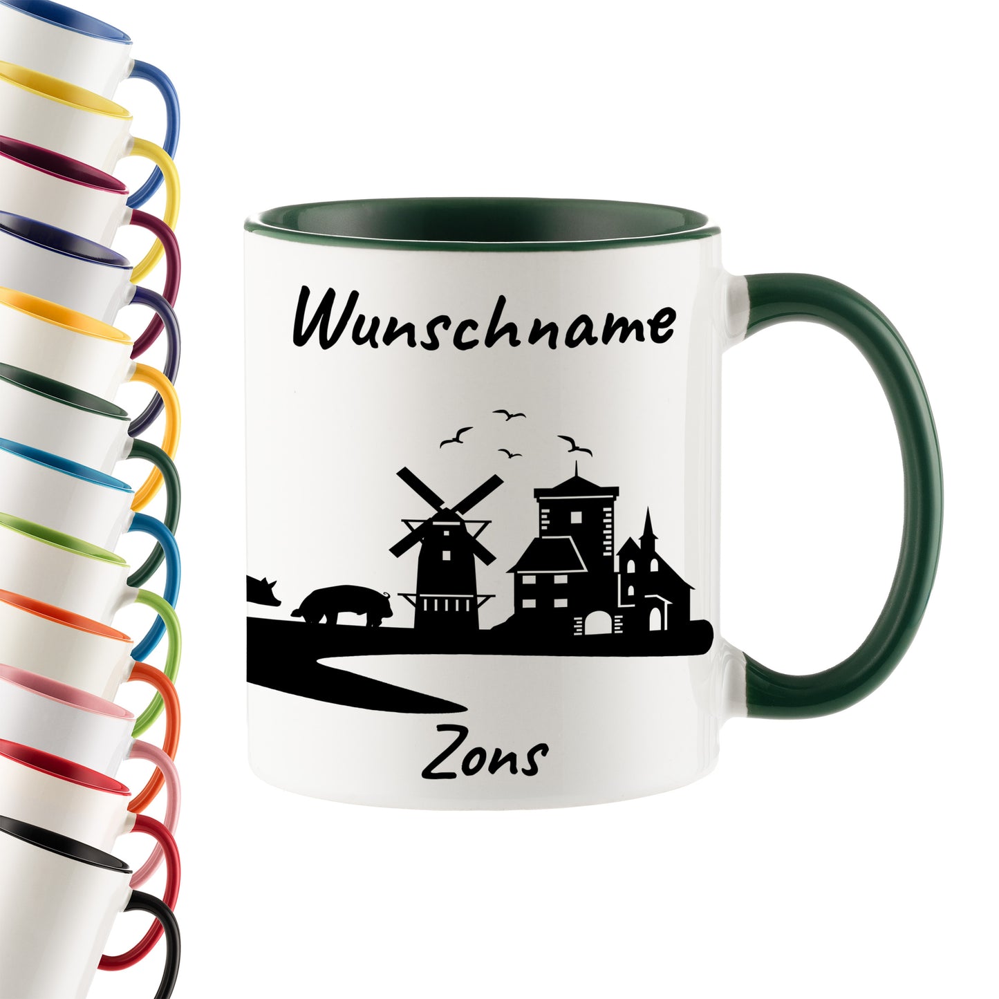 Tasse in Dunkelgrün 330ml bedruckt mit der Skyline von Zons (Dormagen) personalisierbar mit Wunschname