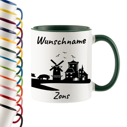 Tasse in Dunkelgrün 330ml bedruckt mit der Skyline von Zons (Dormagen) personalisierbar mit Wunschname