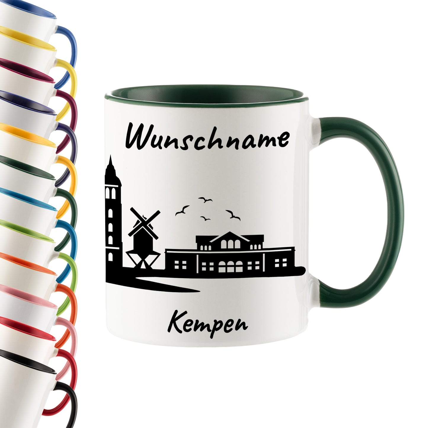 Tasse in Dunkelgrün 330ml bedruckt mit der Skyline von Kempen personalisierbar mit Wunschname