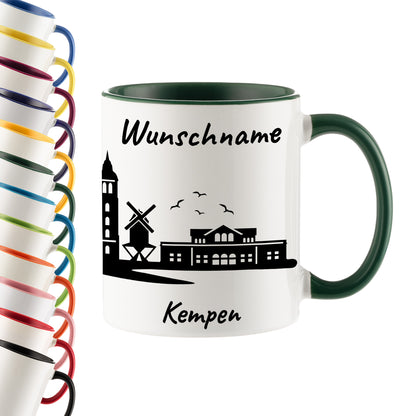 Tasse in Dunkelgrün 330ml bedruckt mit der Skyline von Kempen personalisierbar mit Wunschname