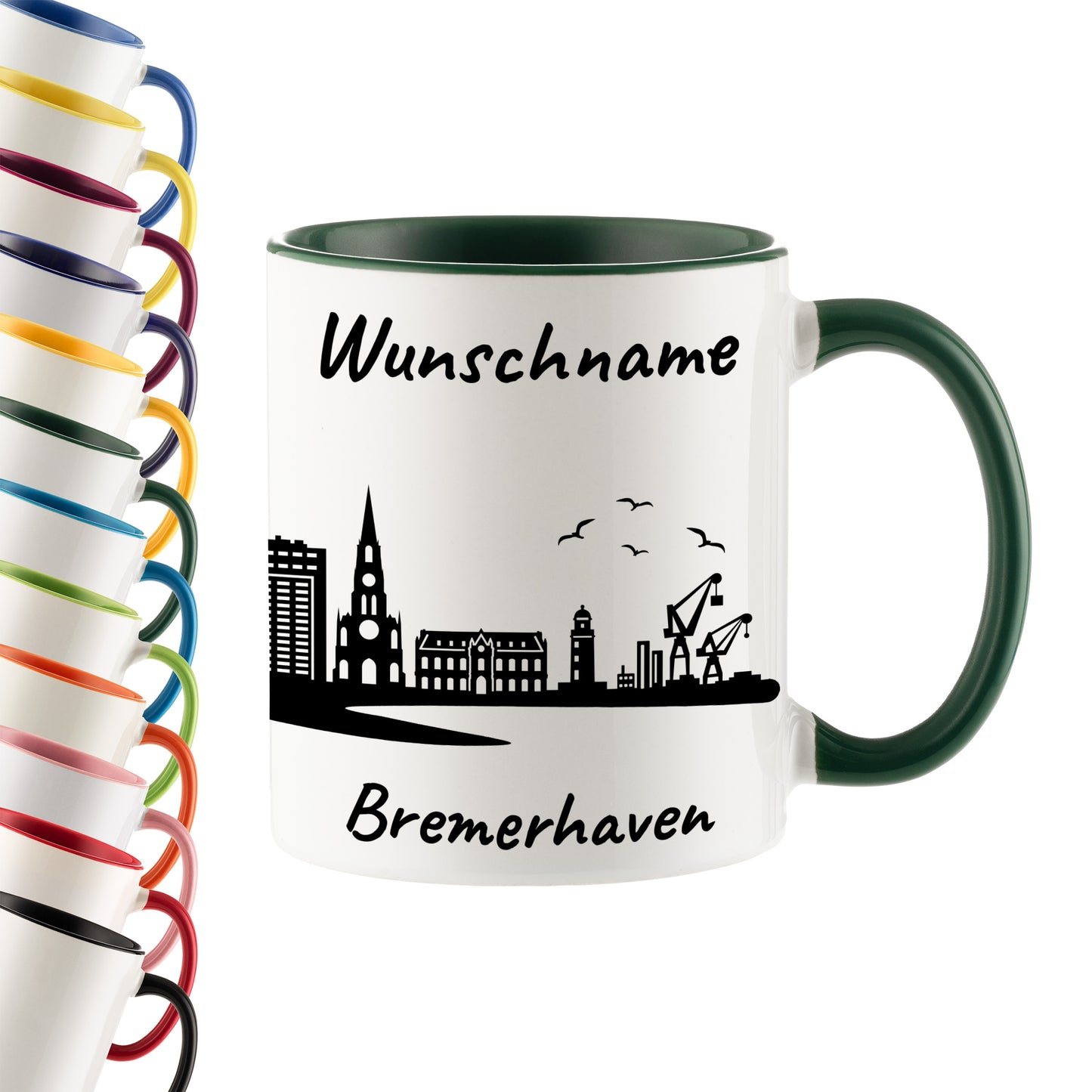 Tasse in Dunkelgrün 330ml bedruckt mit der Skyline von Bremerhaven personalisierbar mit Wunschname