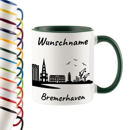 Tasse in Dunkelgrün 330ml bedruckt mit der Skyline von Bremerhaven personalisierbar mit Wunschname