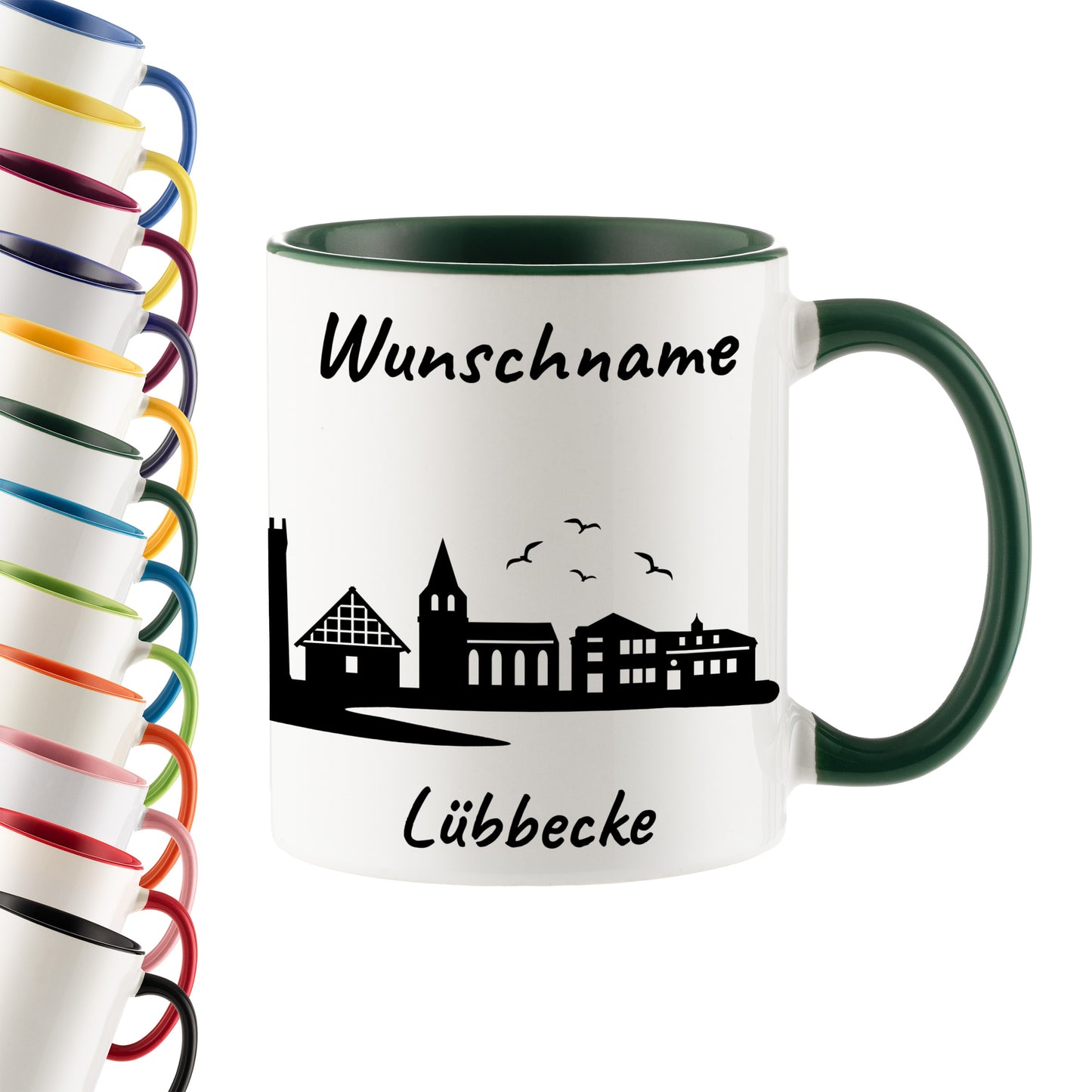 Tasse in Dunkelgrün 330ml bedruckt mit der Skyline von Lübbecke personalisierbar mit Wunschname
