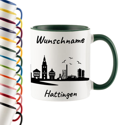 Tasse in Dunkelgrün 330ml bedruckt mit der Skyline von Hattingen personalisierbar mit Wunschname
