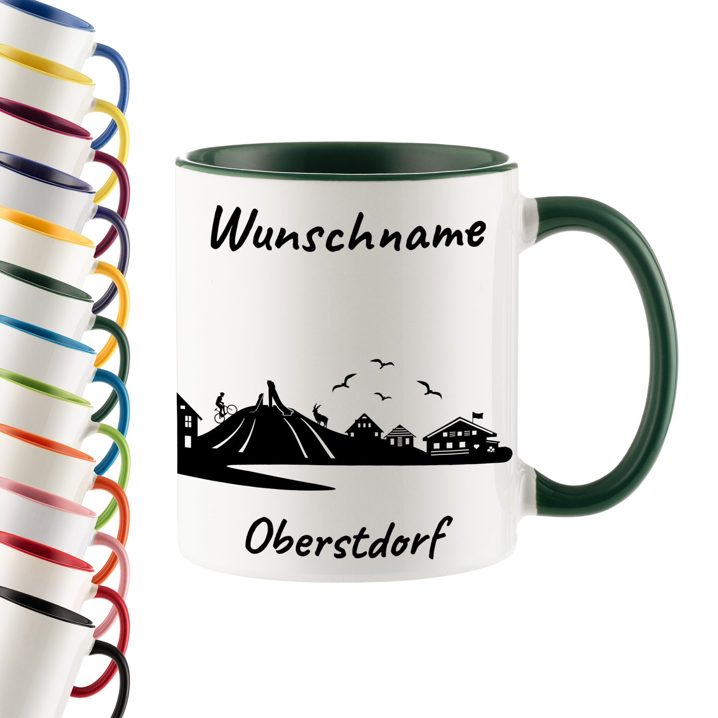Tasse in Dunkelgrün 330ml bedruckt mit der Skyline von Oberstdorf personalisierbar mit Wunschname