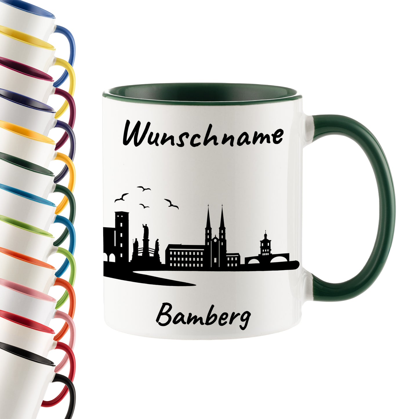 Tasse in Dunkelgrün 330ml bedruckt mit der Skyline von Bamberg personalisierbar mit Wunschname