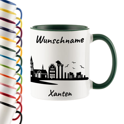 Tasse in Dunkelgrün 330ml bedruckt mit der Skyline von Xanten personalisierbar mit Wunschname