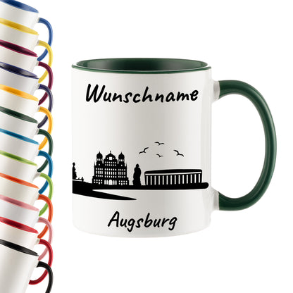 Tasse in Dunkelgrün 330ml bedruckt mit der Skyline von Augsburg personalisierbar mit Wunschname