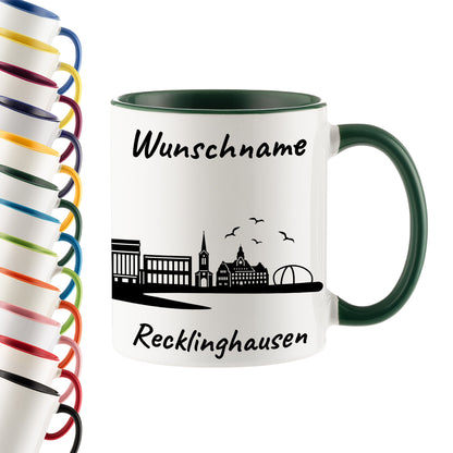 Tasse in Dunkelgrün 330ml bedruckt mit der Skyline von Recklinghausen personalisierbar mit Wunschname