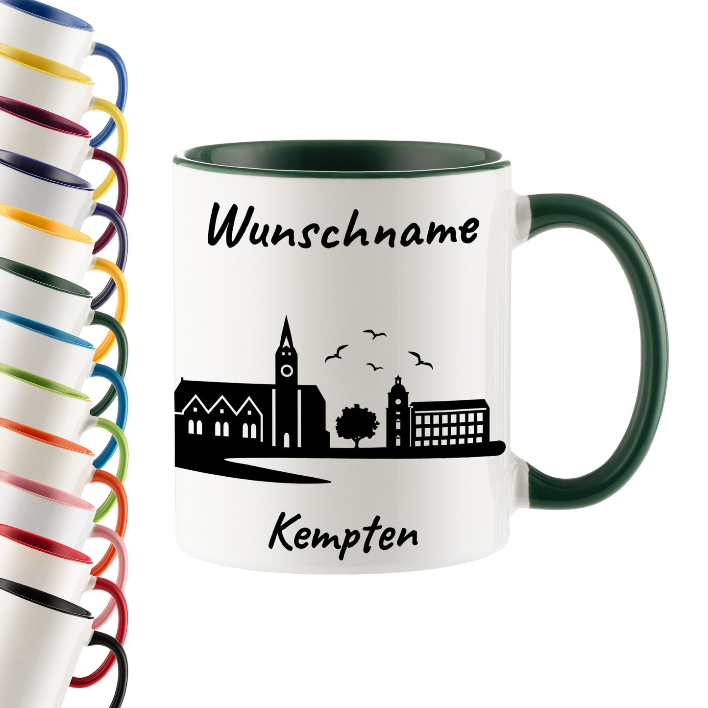 Tasse in Dunkelgrün 330ml bedruckt mit der Skyline von Kempten personalisierbar mit Wunschname