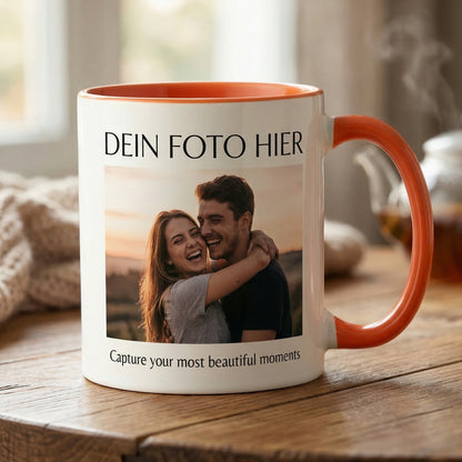 Personalisierte Fototasse selbst gestalten – in 13 ver. Farben mit eigenem Bild & Text | 3D Vorschau (330 ml)