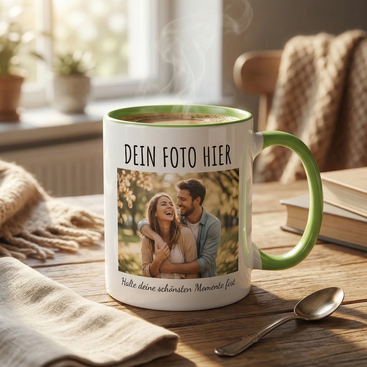 Personalisierte Fototasse selbst gestalten – in 13 ver. Farben mit eigenem Bild & Text | 3D Vorschau (330 ml)