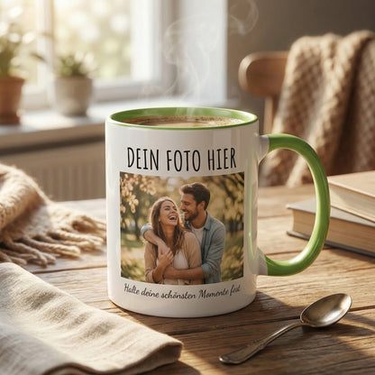 Personalisierte Fototasse selbst gestalten – in 13 ver. Farben mit eigenem Bild & Text | 3D Vorschau (330 ml)
