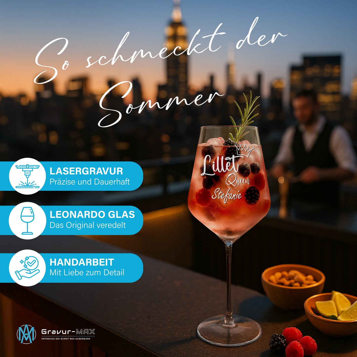 Weinglas mit Gravur Leonardo Puccini "LILLET QUEEN" 2 Gläser mit Wunschname