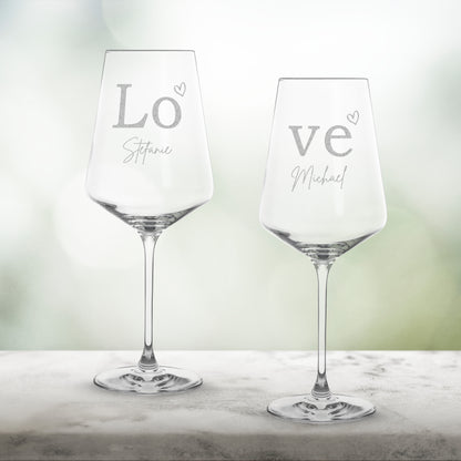 Weinglas mit Gravur Leonardo Puccini "LOVE" 2 Gläser und Holzbox groß mit Wunschname