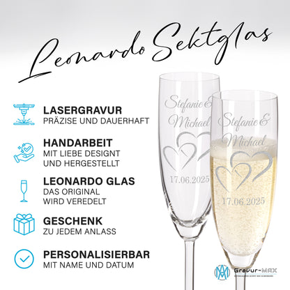 Sektglas mit Gravur Leonardo Daily "LIEBES GLAS HERZ1" 2 Gläser und Holzbox klein mit Wunschname & Datum