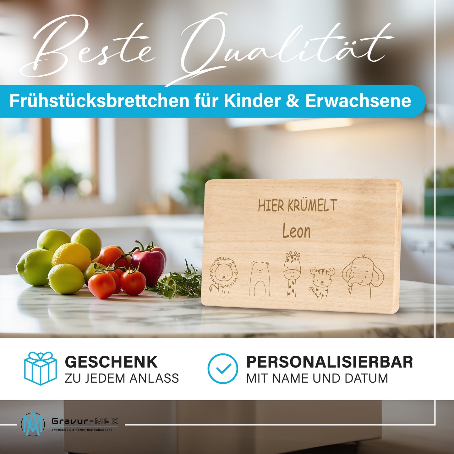 Frühstücksbrettchen 220x120mm mit Gravur "HIER KRÜMELT" Tierchen und Wunschname