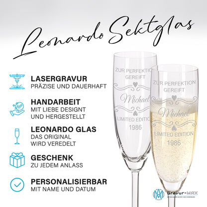 Sektglas mit Gravur Leonardo Daily "ZUR PERFEKTION GEREIFT LIMITED EDITION" 2 Gläser mit Wunschname & Datum