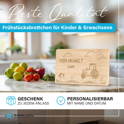 Frühstücksbrettchen mit Gravur Traktor "HIER KRÜMELT" mit Wunschname