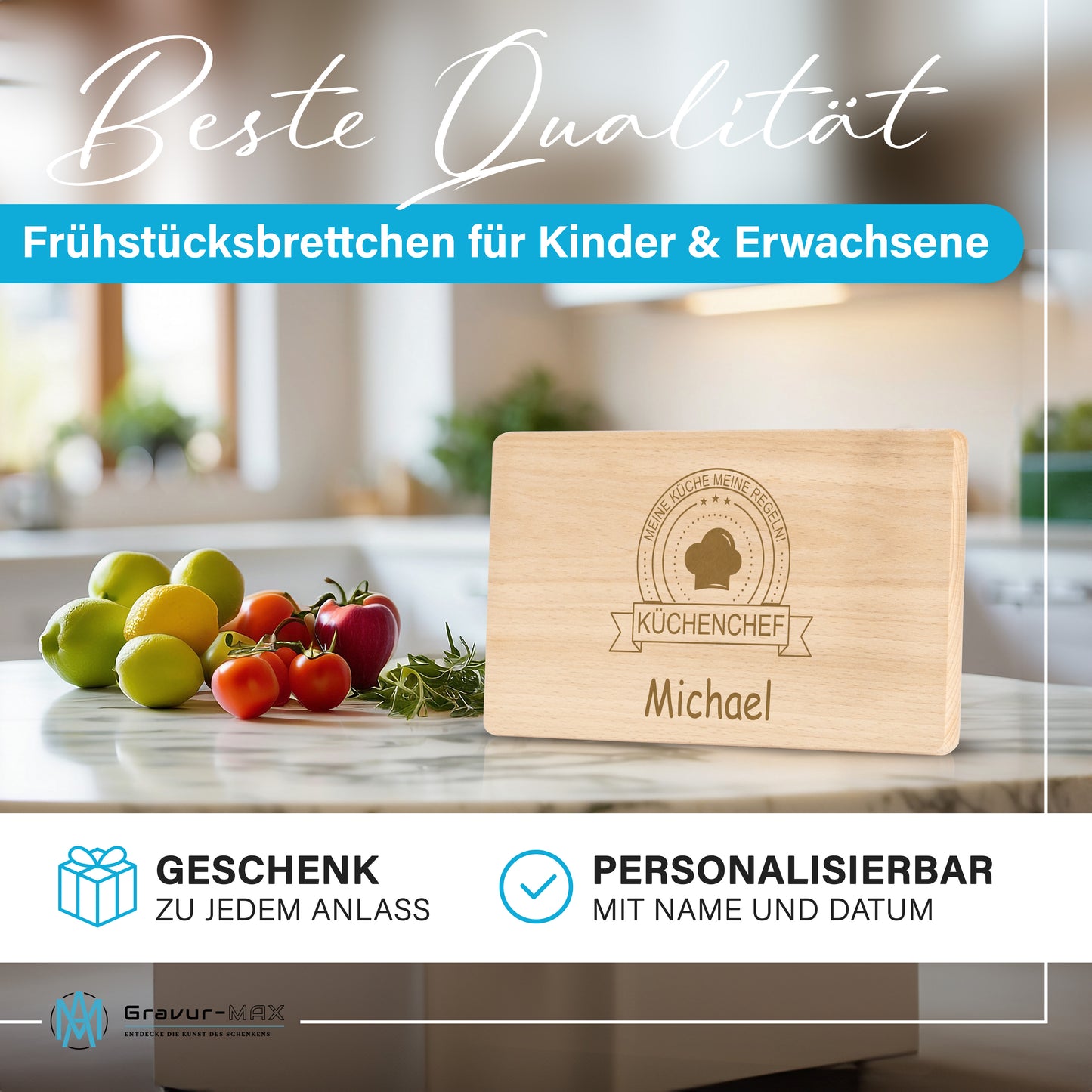 Frühstücksbrettchen mit Gravur Küchenchef "MEINE KÜCHE MEINE REGELN" mit Wunschname