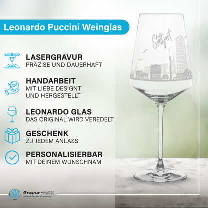 Weinglas mit Gravur Leonardo Puccini "SKYLINE STUTTGART" optional mit Wunschname