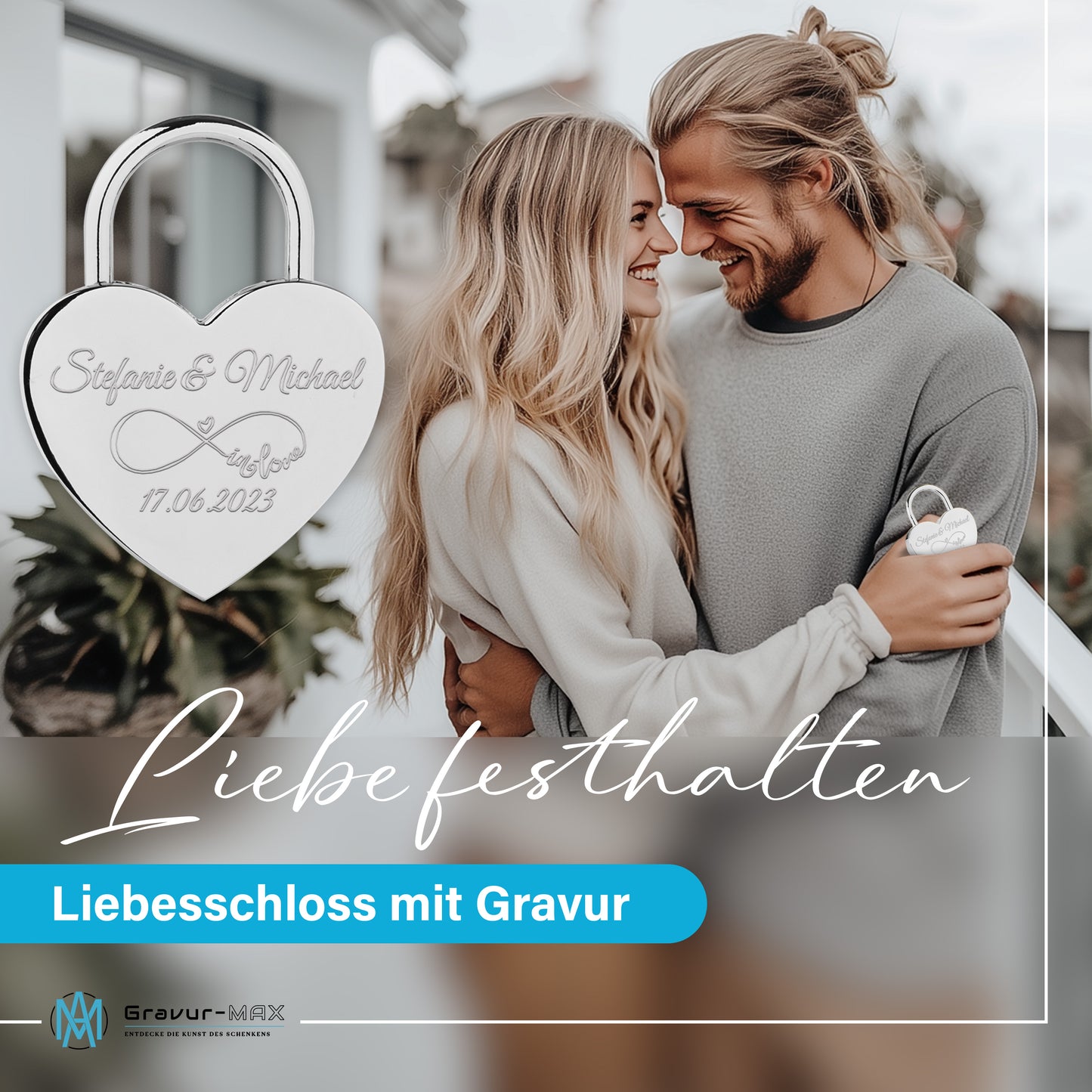 Herzschloss in Silber mit Gravur "Unendlich in LOVE" Liebesschloss personalisiert mit Wunschnamen in 4 ver. Farben