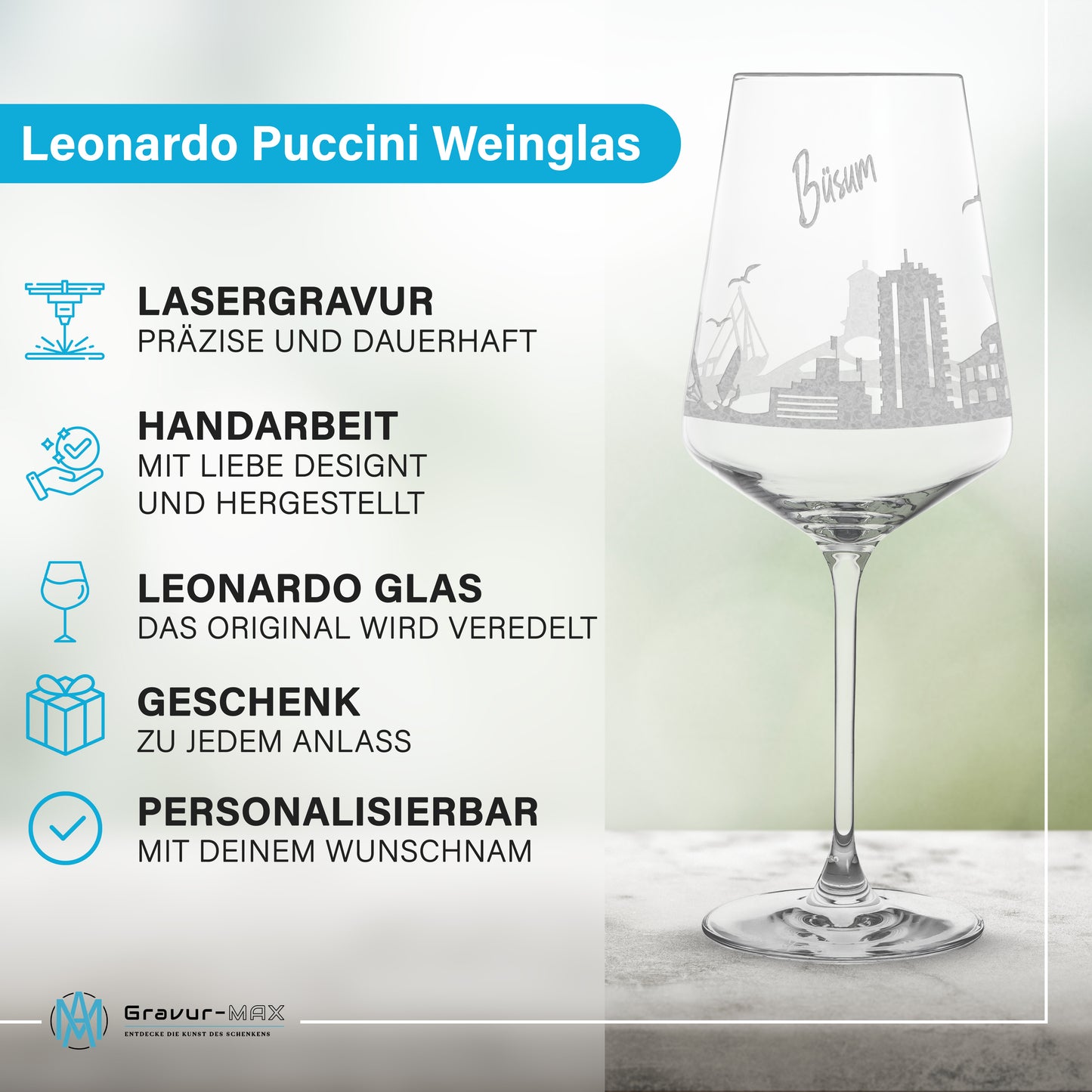 Weinglas mit Gravur Leonardo Puccini "SKYLINE BÜSUM" 2 Gläser optional mit Wunschname