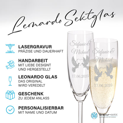 Sektglas mit Gravur Leonardo Daily "LIEBESGLAS TAUBE" 2 Gläser mit Wunschname & Datum