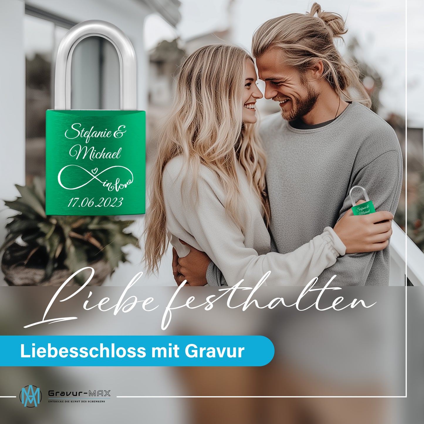Liebesschloss in Grün mit Gravur "Herzranke" personalisiert mit Wunschnamen in 6 ver. Farben