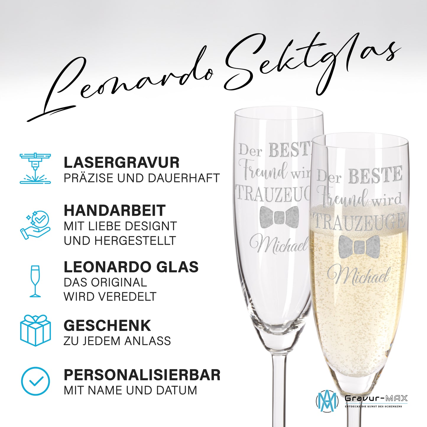 Sektglas mit Gravur Leonardo Daily "DER BESTE FREUND WIRD TRAUZEUGE" mit Wunschname