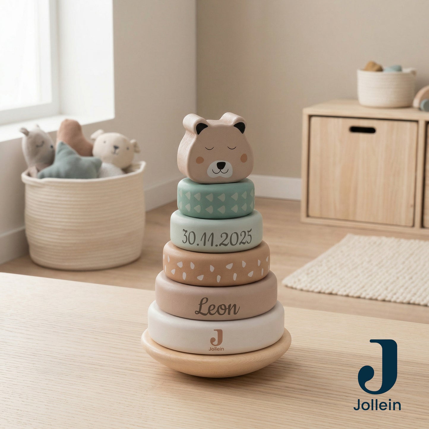 Jollein Stapelturm personalisierbar mit Name & Datum aus FSC-Holz - Babygeschenk zur Geburt oder Taufe