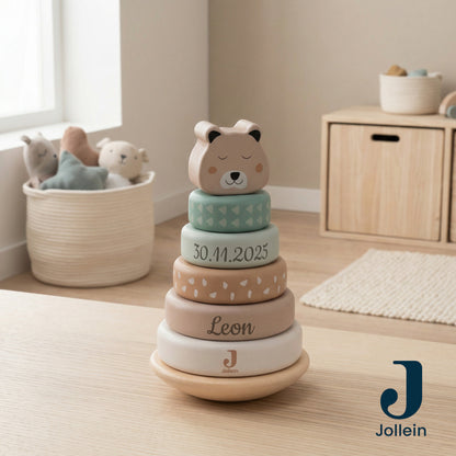 Jollein Stapelturm personalisierbar mit Name & Datum aus FSC-Holz - Babygeschenk zur Geburt oder Taufe