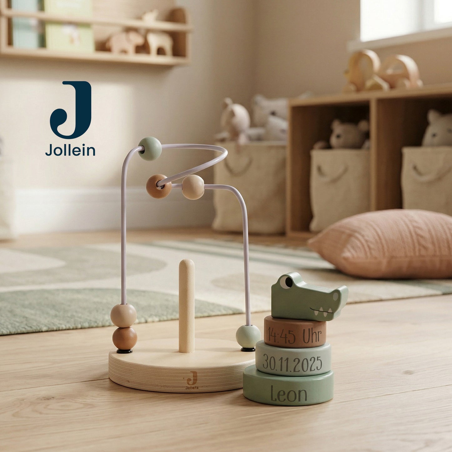 Jollein Aktivitätsspirale Kroko personalisierbar mit Name & Datum aus FSC-Holz - Motorikspielzeug - Babygeschenk zur Geburt oder Taufe
