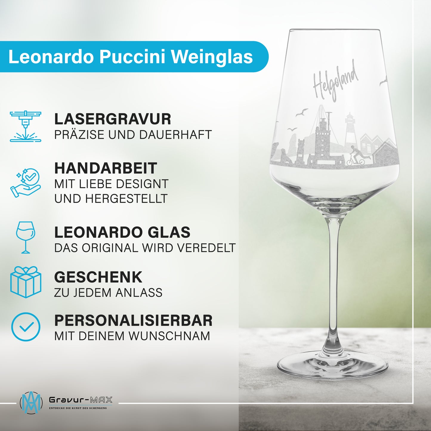 Weinglas mit Gravur Leonardo Puccini "SKYLINE HELGOLAND" optional mit Wunschname