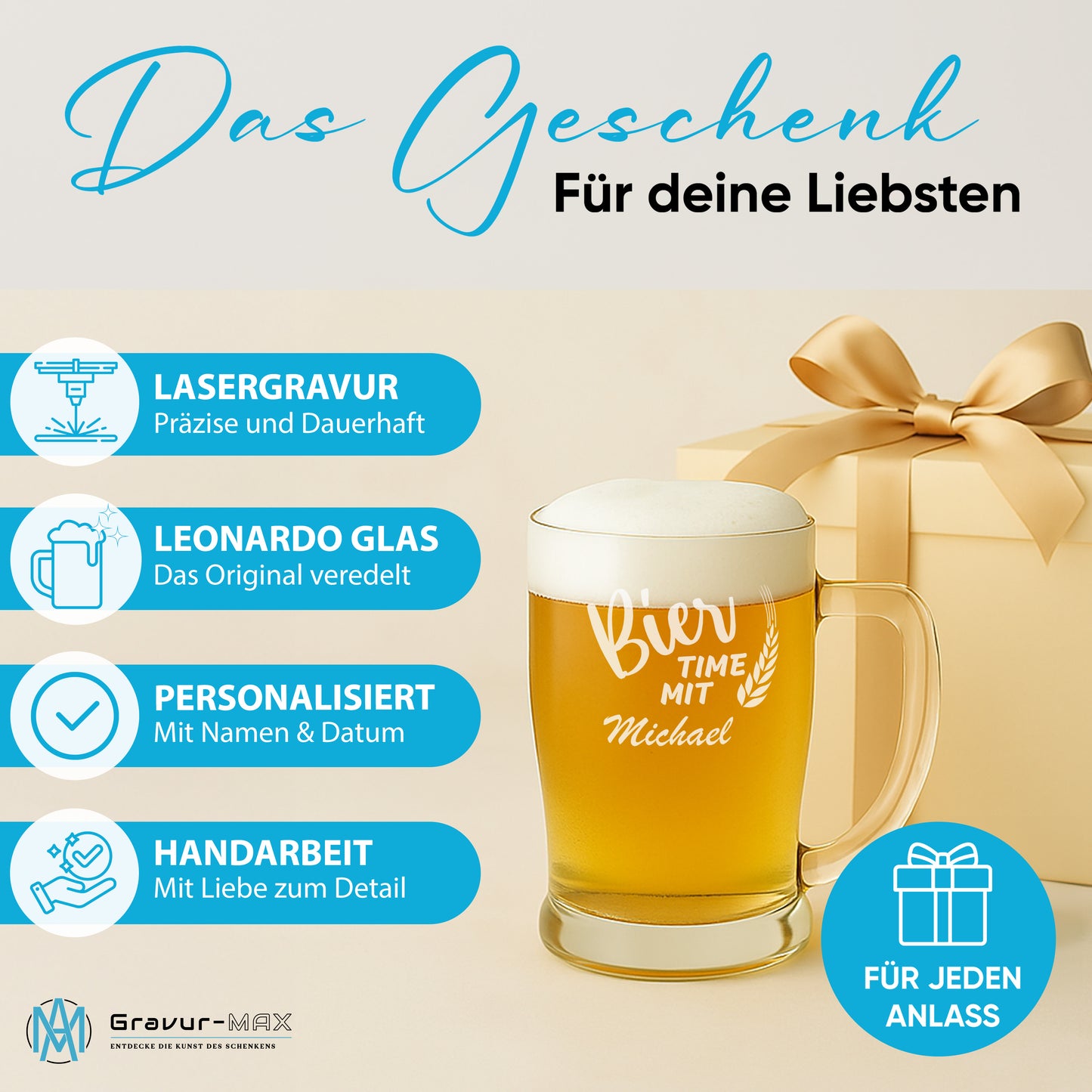 Bierkrug 0,5L mit Gravur Leonardo Taverna Bierglas "Bier time mit" 2 Gläser mit Wunschname