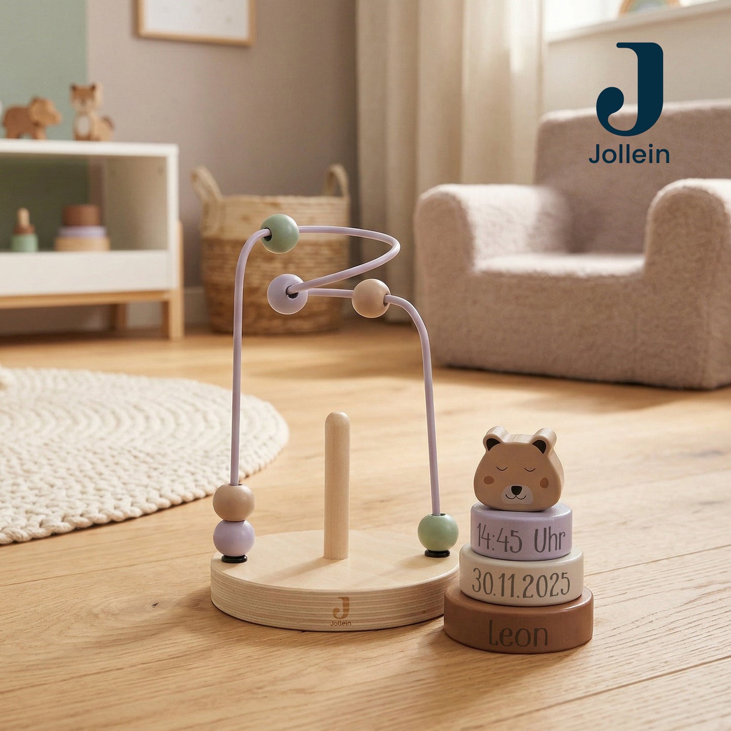 Jollein Aktivitätsspirale Gepard personalisierbar mit Name & Datum aus FSC-Holz - Motorikspielzeug - Babygeschenk zur Geburt oder Taufe