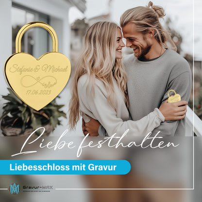 Herzschloss in Gold mit Gravur "Herzen" Liebesschloss personalisiert mit Wunschnamen in 4 ver. Farben